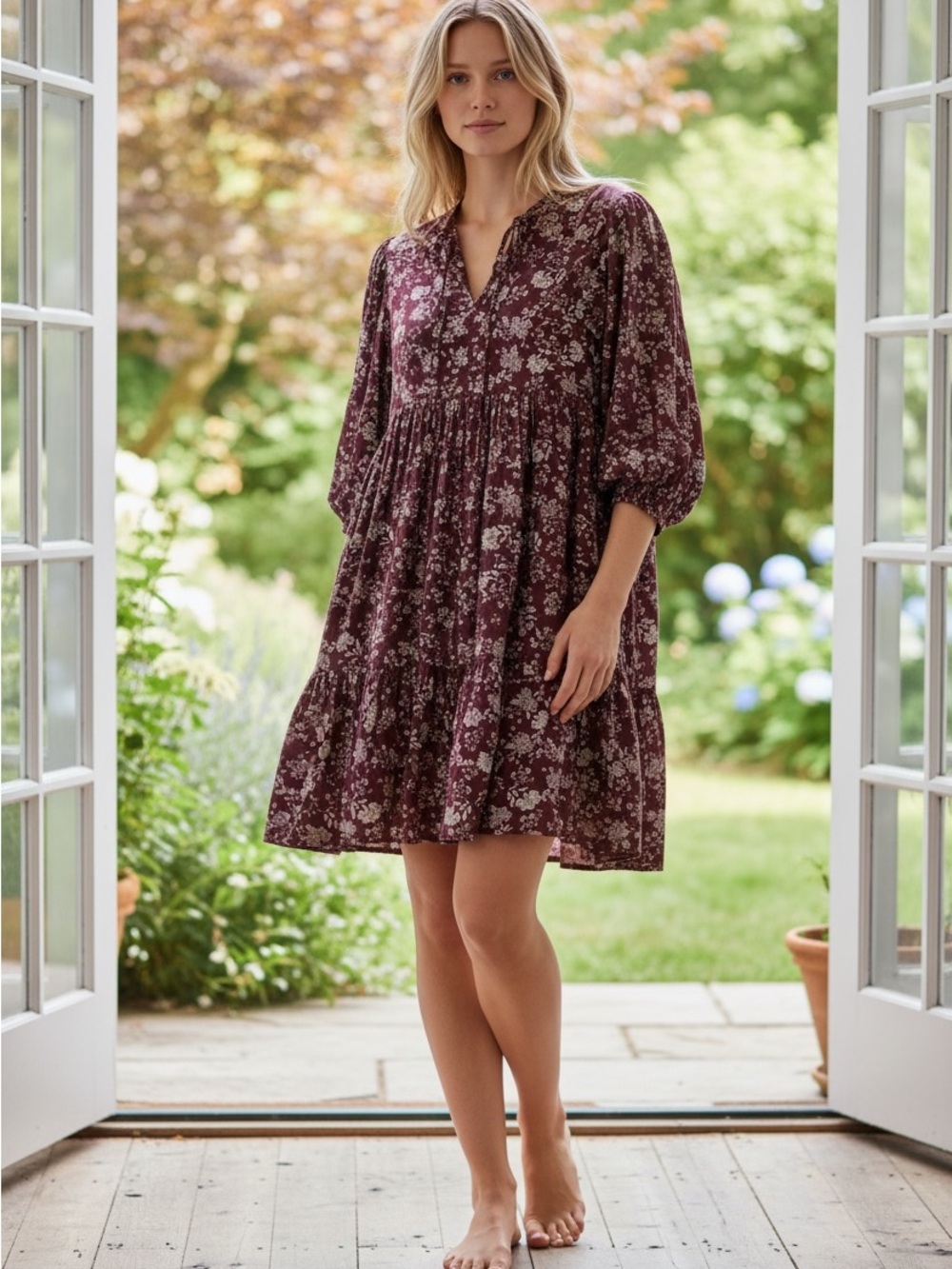NWT Madewell Splitneck Puff-Sleeve Mini Dress in Olivia Floral Dark Fig - Small